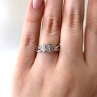 up close view of wedding set on model's hand