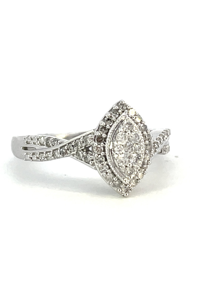 side view of 10kw marquise shaped cluster diamond engagement ring