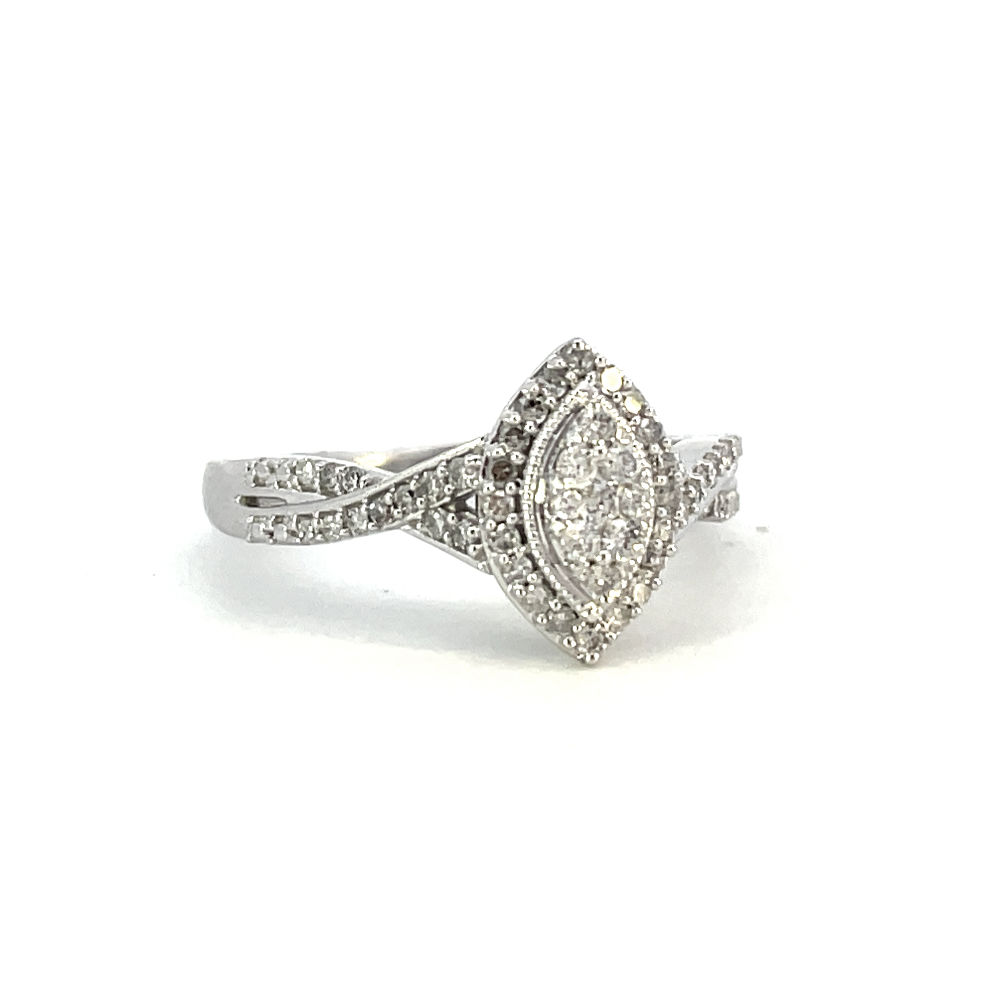 side view of 10kw marquise shaped cluster diamond engagement ring