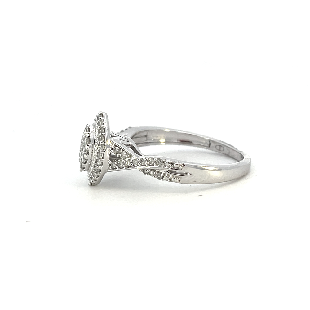 side profile view of 10kw marquise shaped cluster diamond engagement ring.