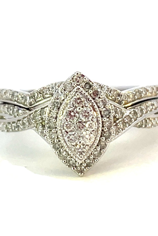 10KW Marquise Shaped Diamond Cluster Engagement Ring 3/8 CTW with matching wedding band