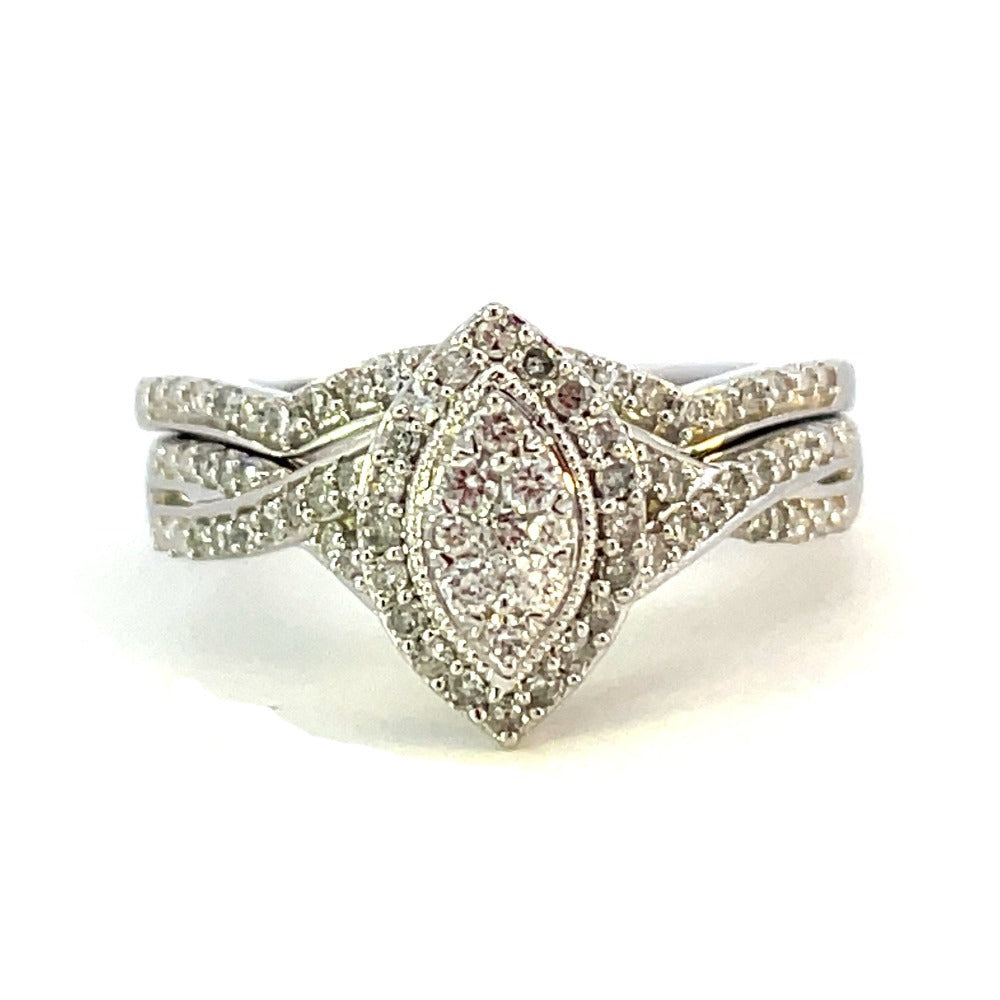 10KW Marquise Shaped Diamond Cluster Engagement Ring 3/8 CTW with matching wedding band
