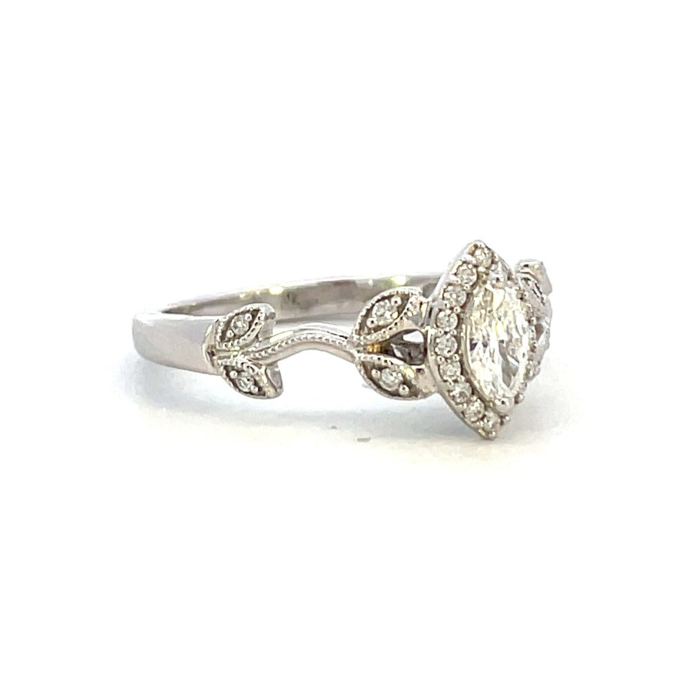 14KW Marquise Diamond Engagement Ring with Leaf Detailing and Band 3/8 CTW side 1