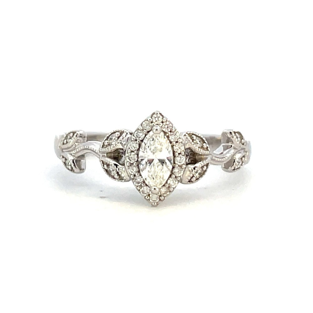 14KW Marquise Diamond Engagement Ring with Leaf Detailing and Band 3/8 CTW