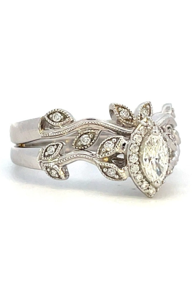 14KW Marquise Diamond Engagement Ring with Leaf Detailing and Band 3/8 CTW and matching Band