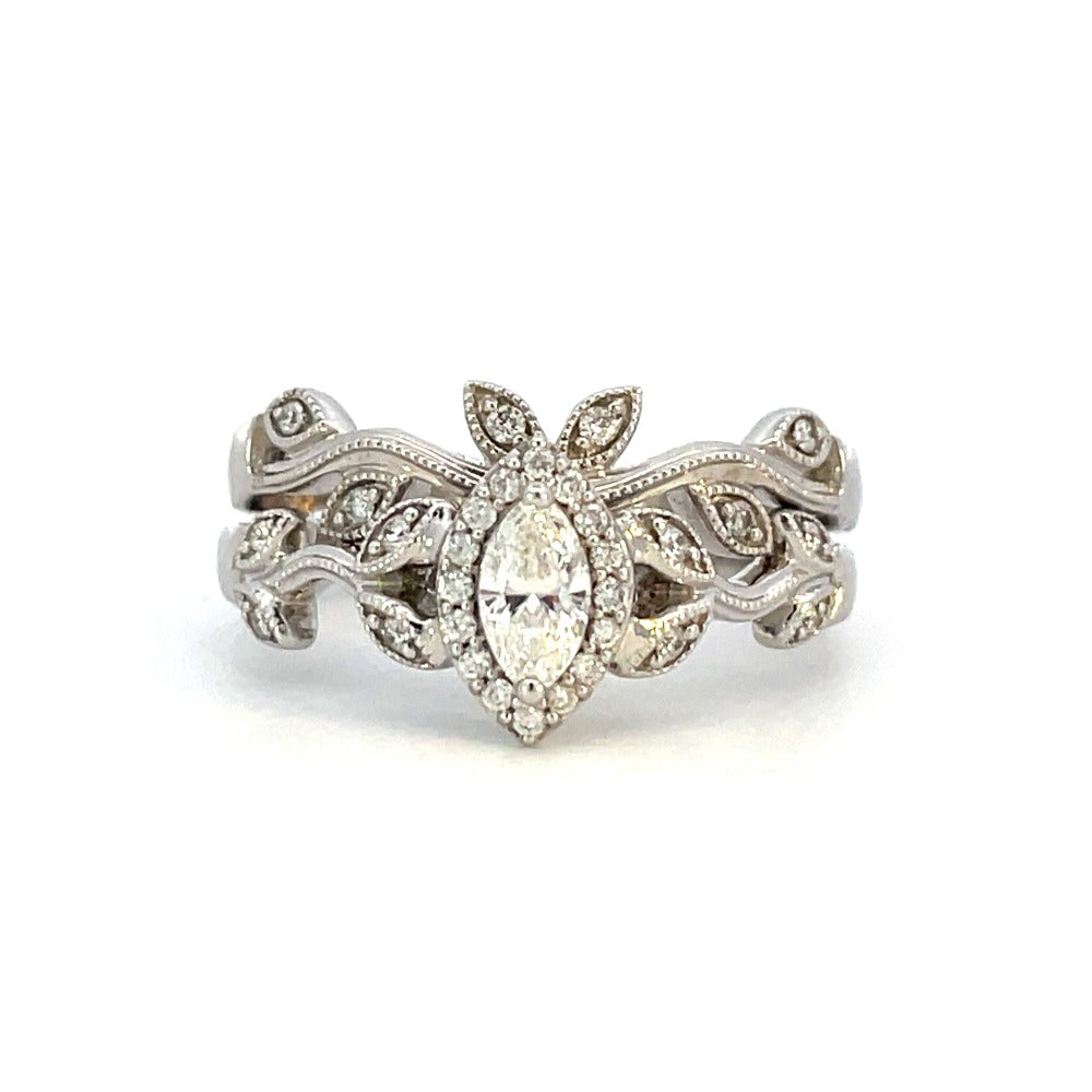 14KW Marquise Diamond Engagement Ring with Leaf Detailing and Band 3/8 CTW with band front