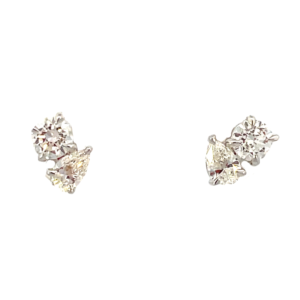 14KW Two Stone Lab Grown Pear and Round Diamond Earrings 1.06 CTW