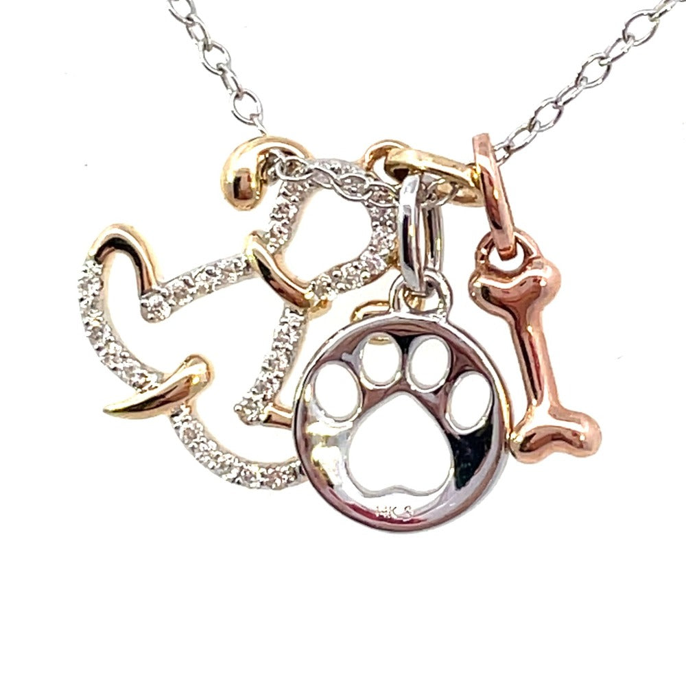 14K Tri-Toned Diamond Accented Dog, Bone, and Paw Print Charm Necklace 1/10 CTW Up Close