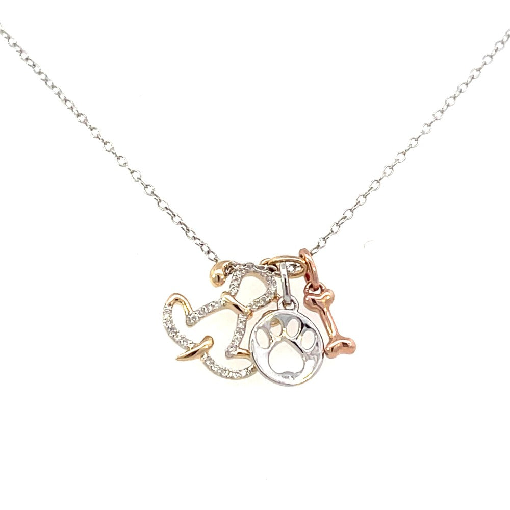 14K Tri-Toned Diamond Accented Dog, Bone, and Paw Print Charm Necklace 1/10 CTW