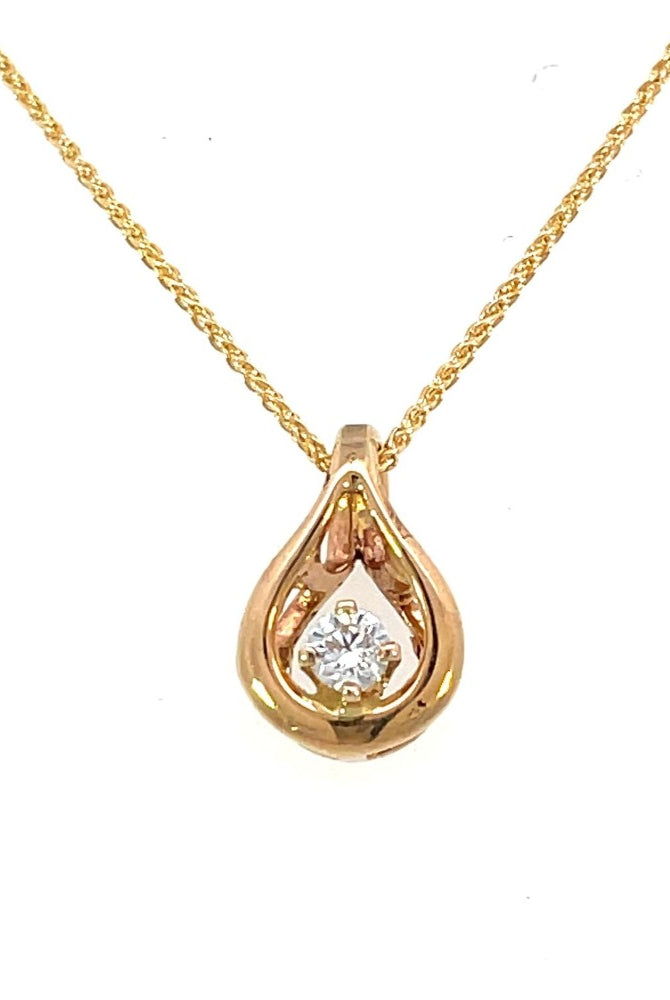 front view of 14ky gold and diamond teardrop shaped pendant on wheat chain