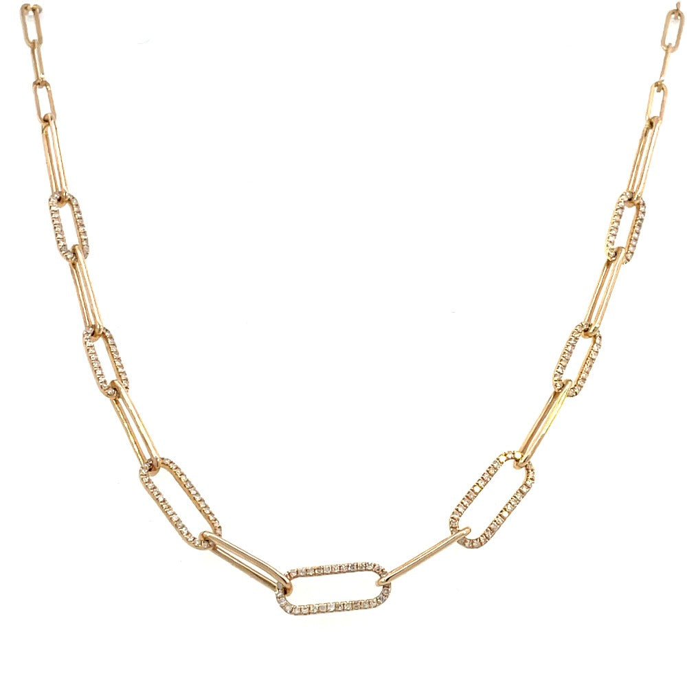14K Yellow-White Paper Clip Chain Necklace with Diamond Stations