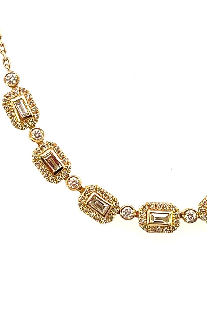 14KY 7 Link Station Necklace with Baguette and Round Diamonds 1/2 CTW close up