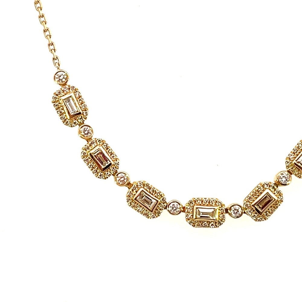 14KY 7 Link Station Necklace with Baguette and Round Diamonds 1/2 CTW close up