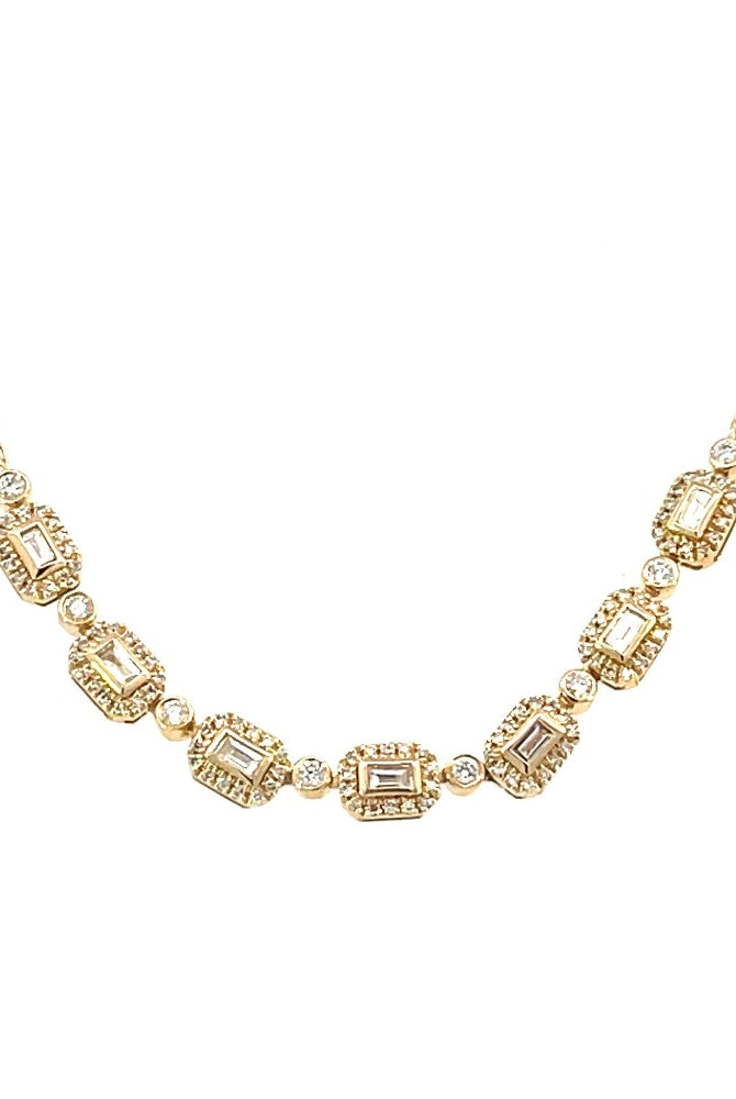 14KY 7 Link Station Necklace with Baguette and Round Diamonds 1/2 CTW