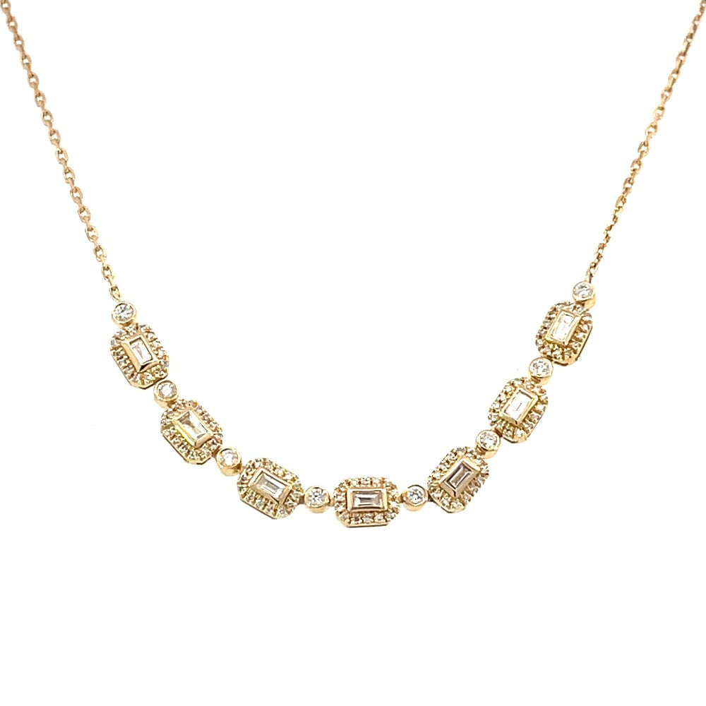 14KY 7 Link Station Necklace with Baguette and Round Diamonds 1/2 CTW
