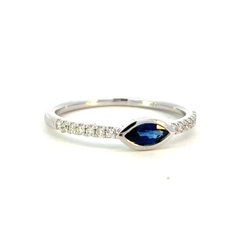 14KW East-West Marquise Blue Sapphire Ring with Diamond Accents 1/10 CTW side 1