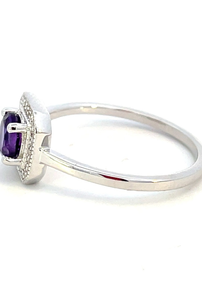 10K White Gold Amethyst and Diamond Halo Ring side 2