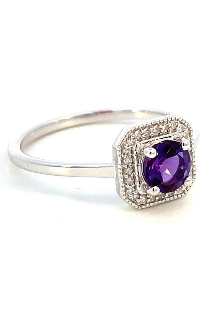 10K White Gold Amethyst and Diamond Halo Ring side 1