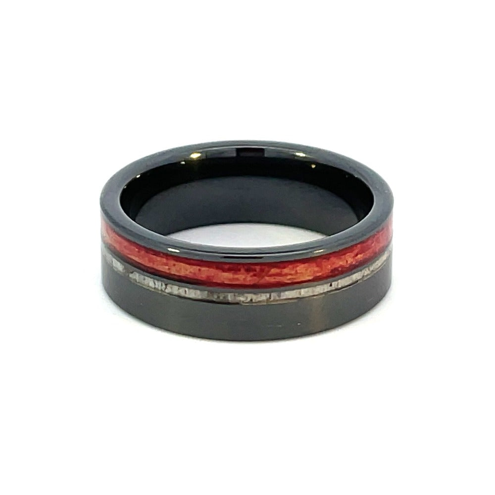 Black Ceramic Men's Wedding Band with Antler and Cabernet Grain Inlay