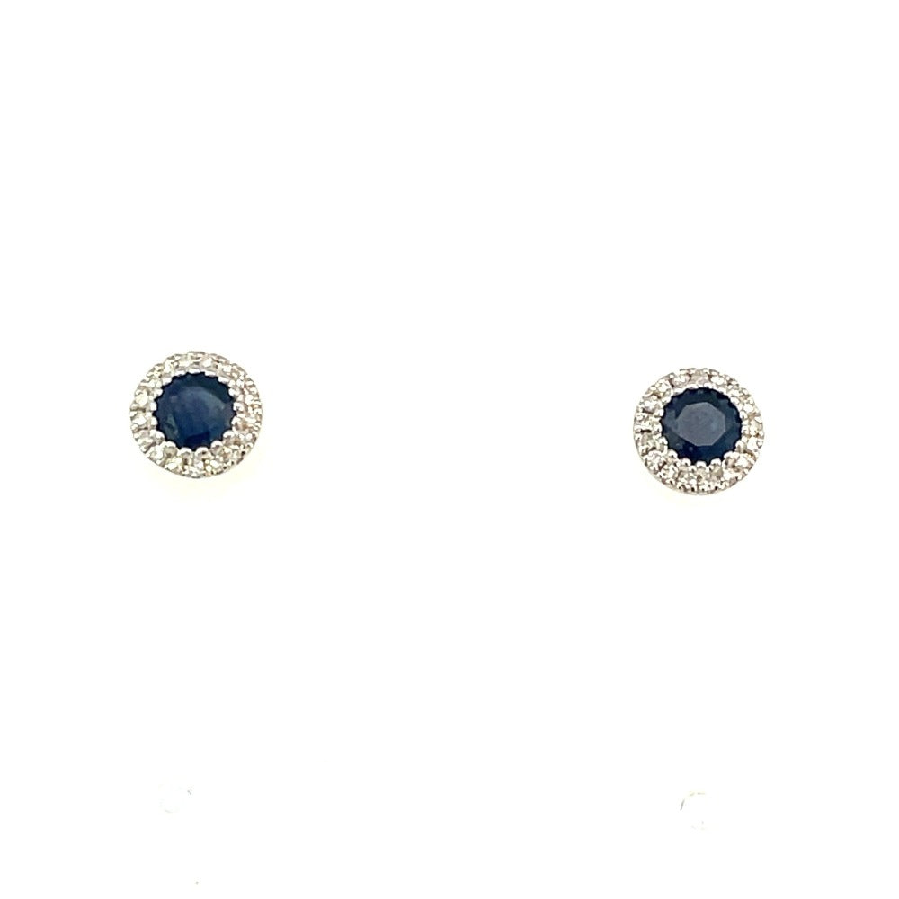 14KW Blue Sapphire and Diamond Halo Style Earrings .11 CTW