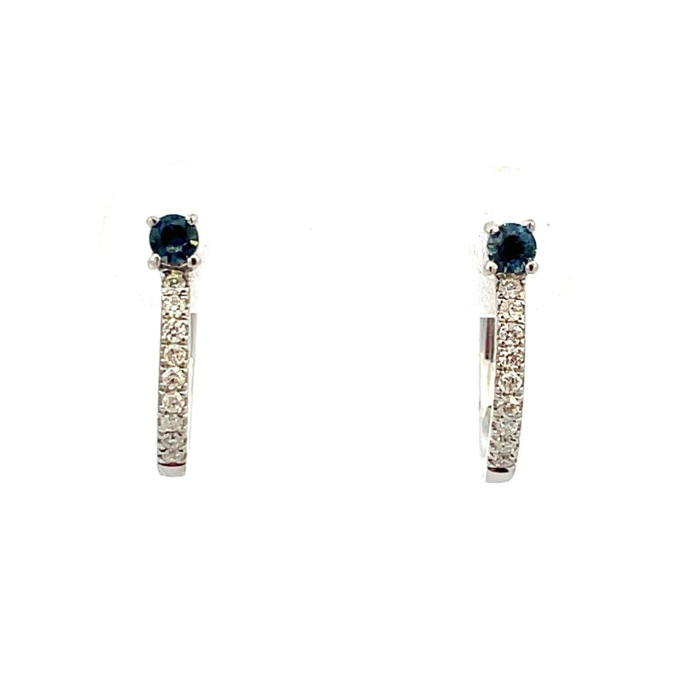 14KW Diamond Hoop Earrings with Blue Sapphire Accent