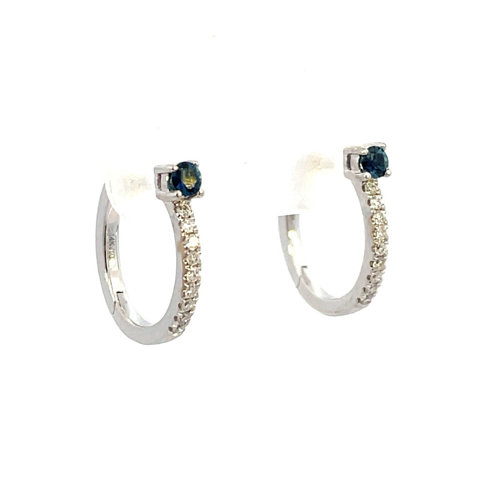 14KW Diamond Hoop Earrings with Blue Sapphire Accent sides