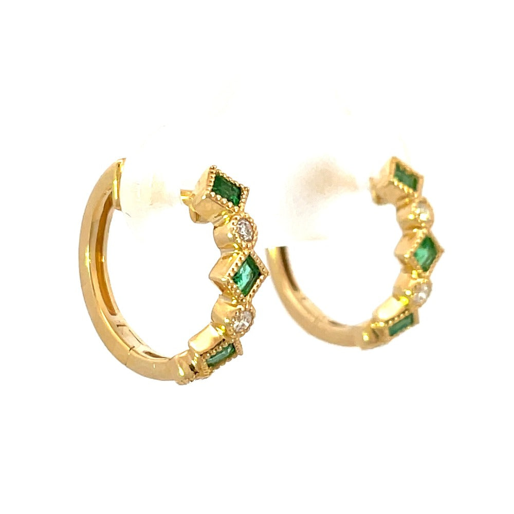 14KY Emerald and Diamond Huggie Hoop Earrings sides