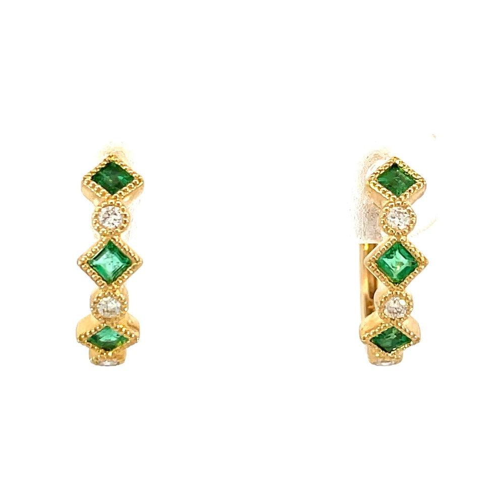 14KY Emerald and Diamond Huggie Hoop Earrings