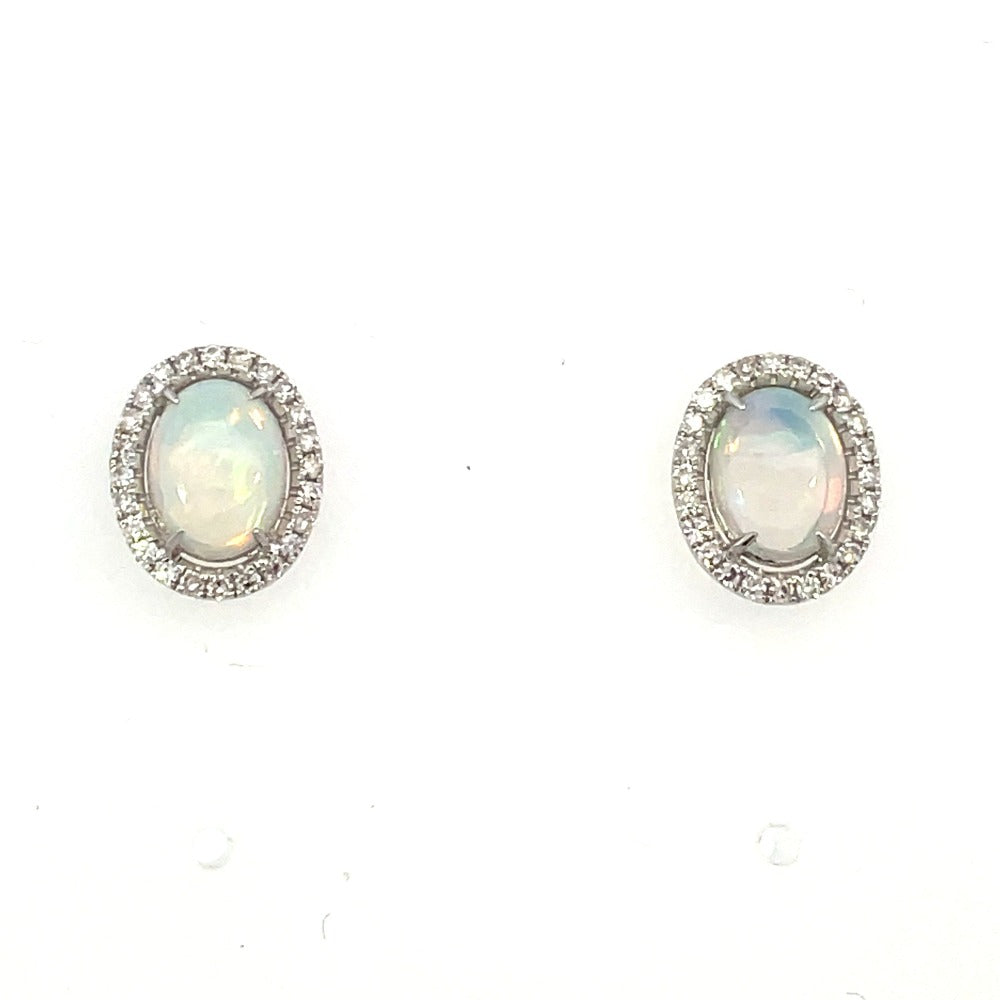 14KW Oval Opal Earrings with Diamond Halo .29 CTW