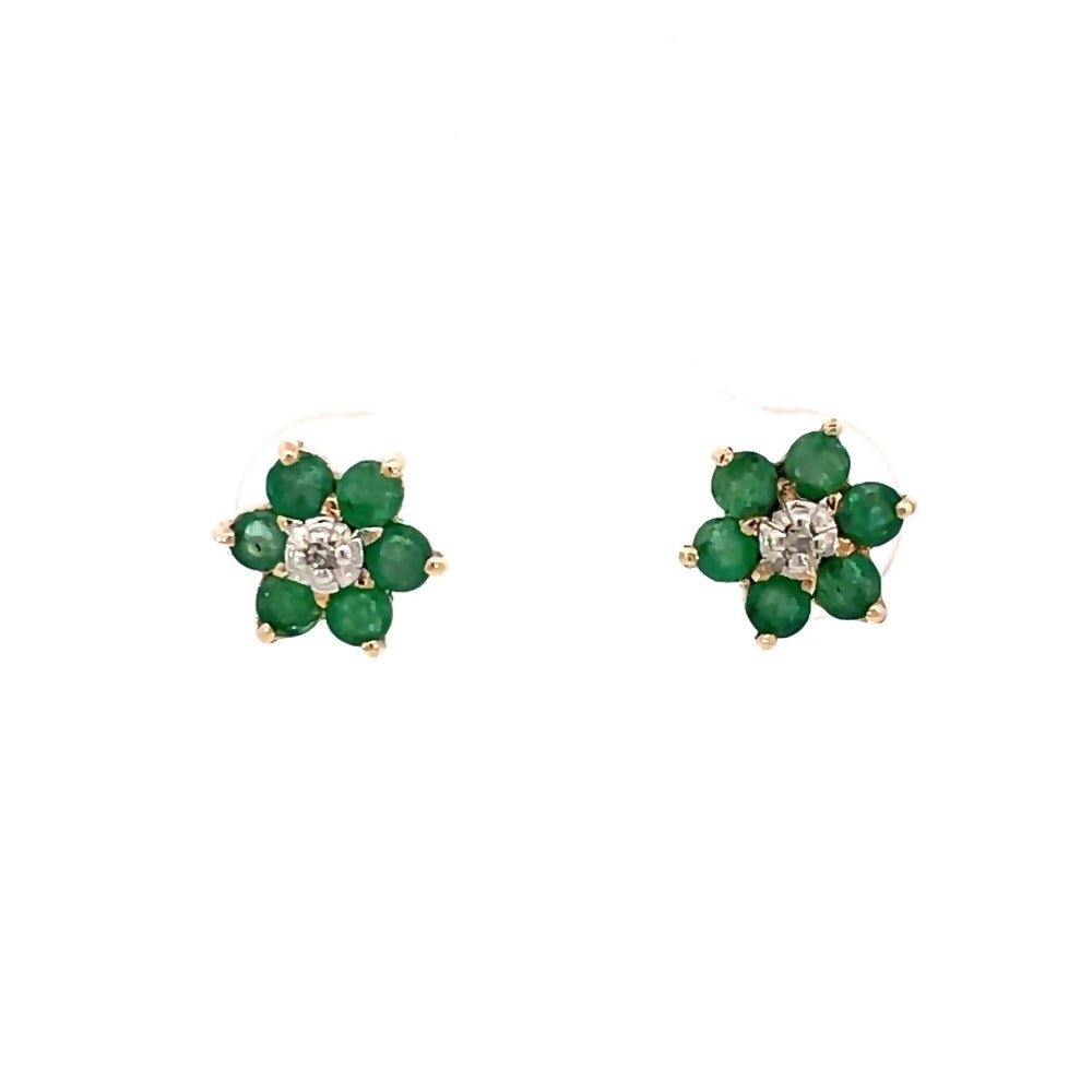 front view of 14ky emerald and diamond cluster style earrings