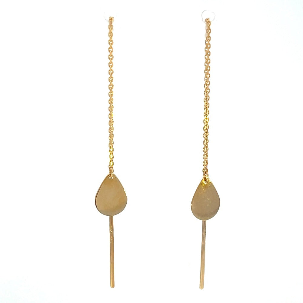 front view of 14K yellow gold threader earrings with pear-shaped drops