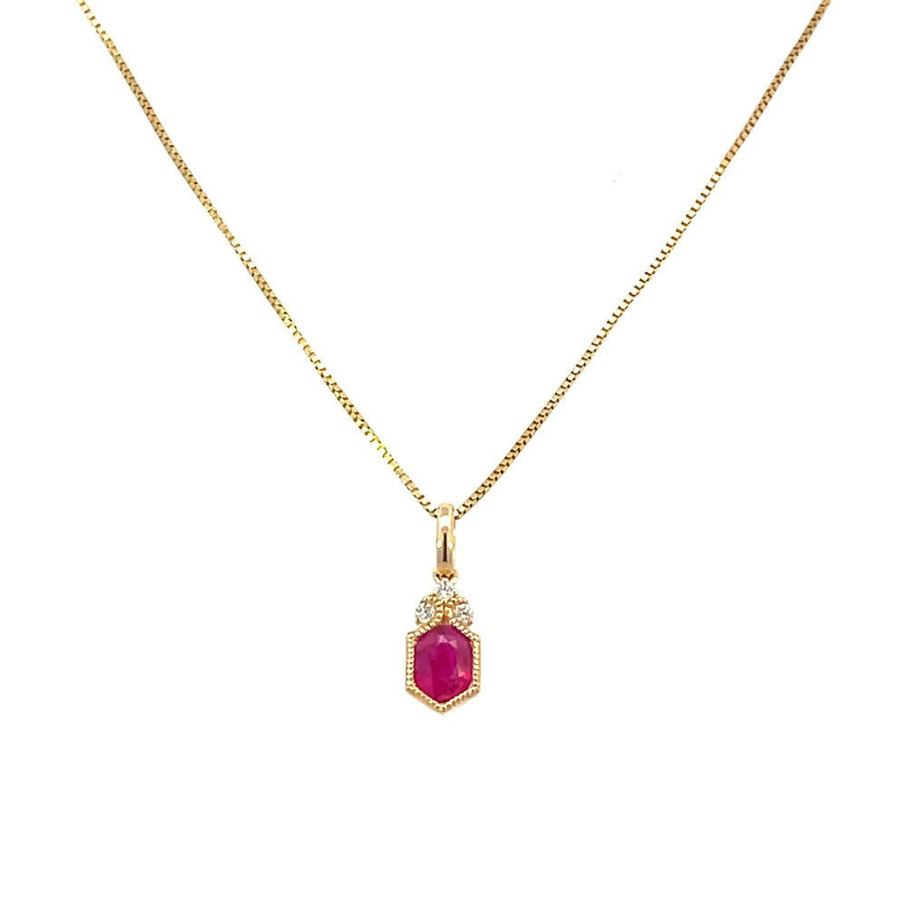 14KY Hexagon Ruby Pendant with Diamond Accents