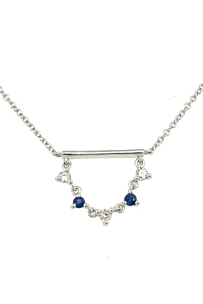 14KW Bar with Diamond and Blue Sapphire Dangle Pendant