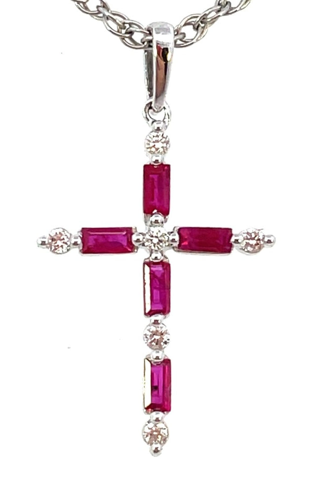 14KW Baguette Ruby and Round Diamond Cross Pendant up close look