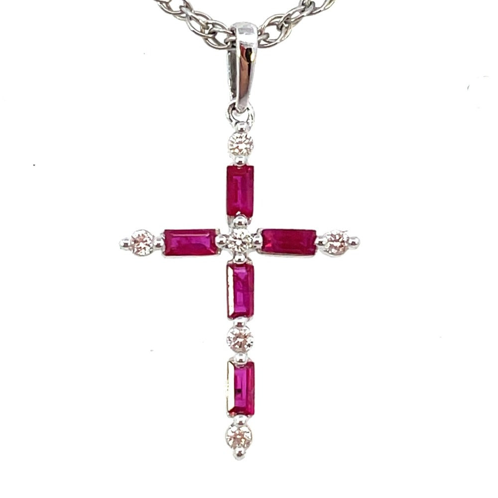 14KW Baguette Ruby and Round Diamond Cross Pendant up close look