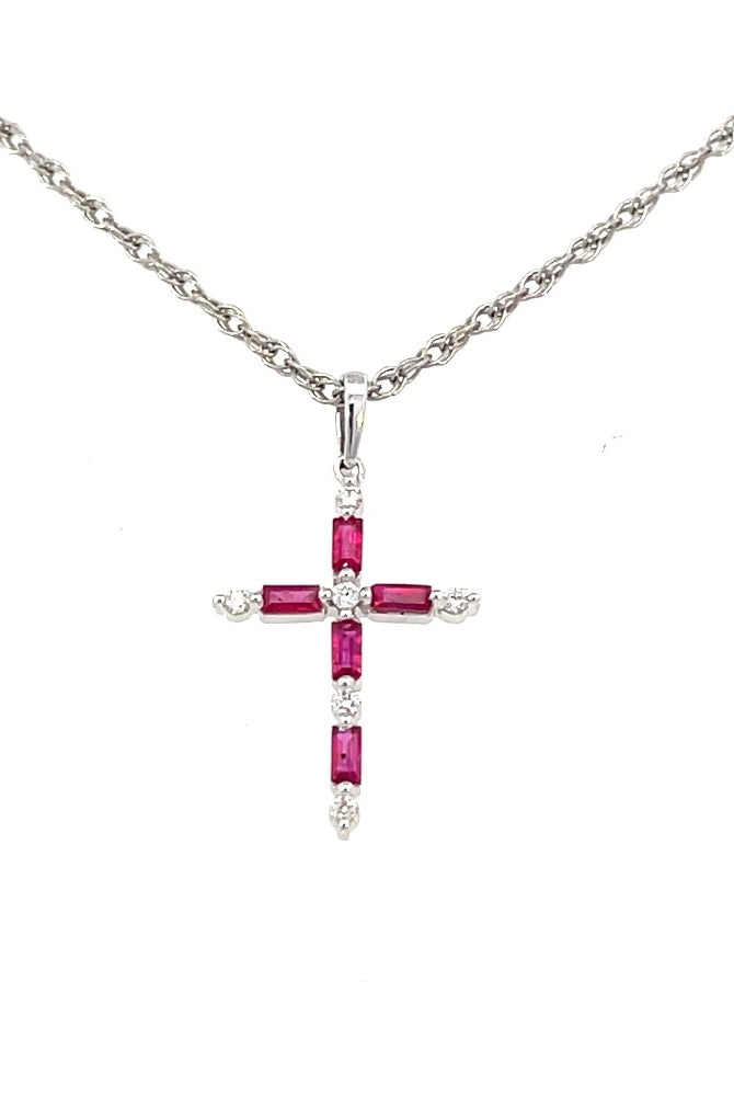 14KW Baguette Ruby and Round Diamond Cross Pendant