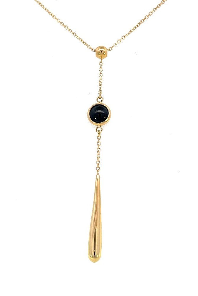 detail view of 14k yellow gold "Y" style necklace with bezel set black onyx drop and gold tear shaped dangle