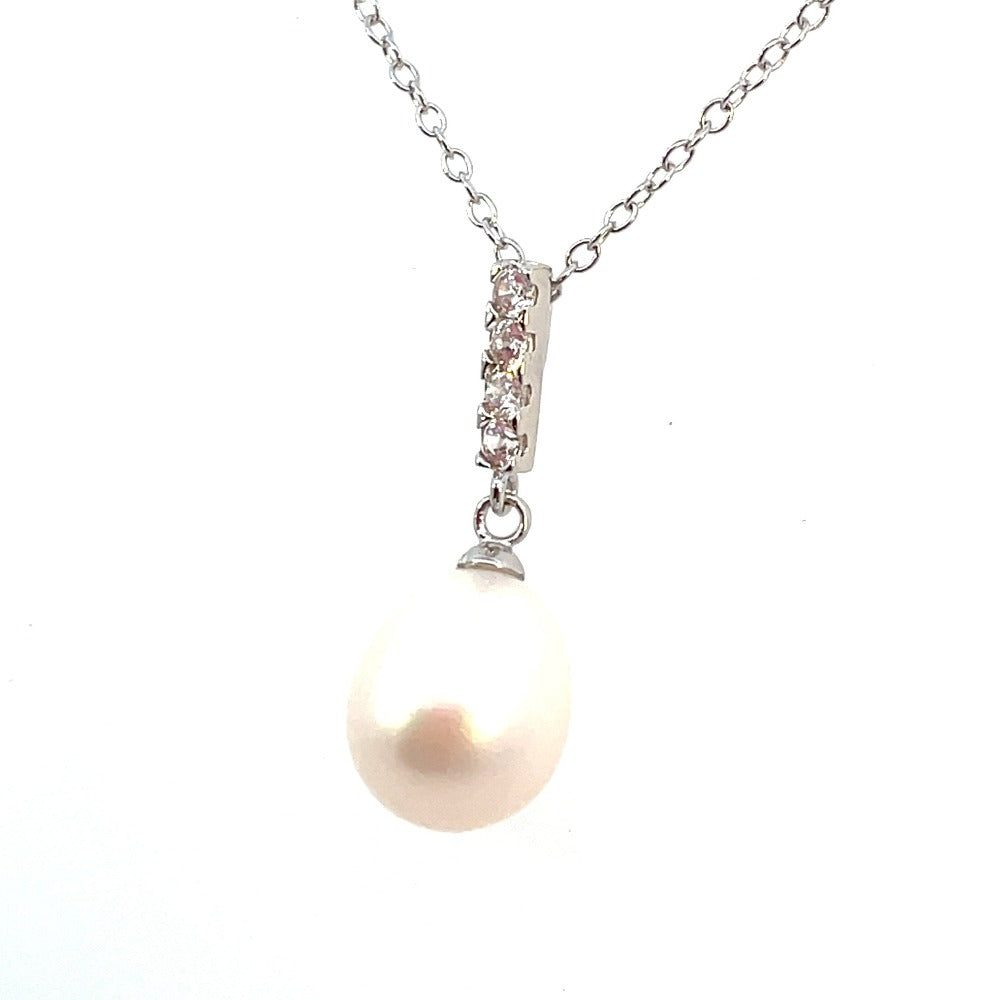 Sterling Silver Drop Pearl Necklace view 2
