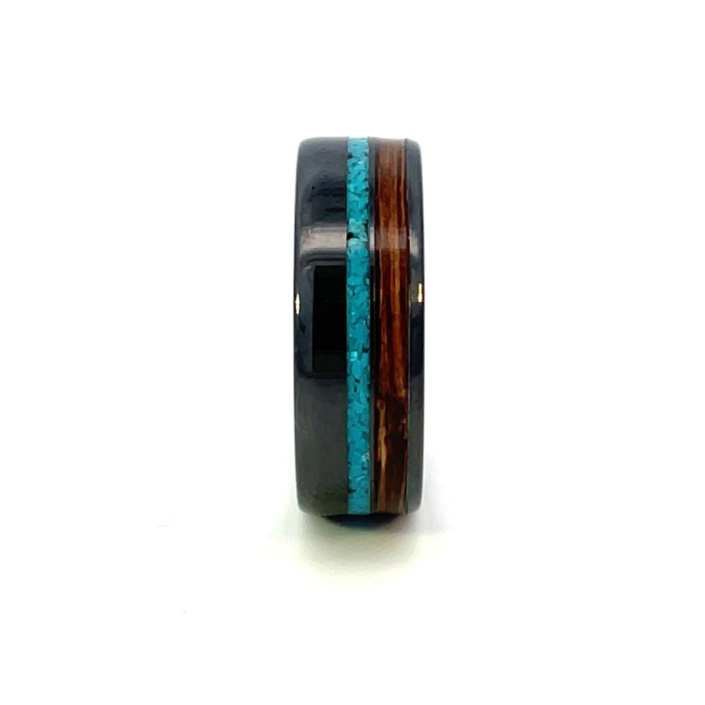 8mm Black Ceramic Band with Turquoise and Bourbon Barrel Inlay_Side