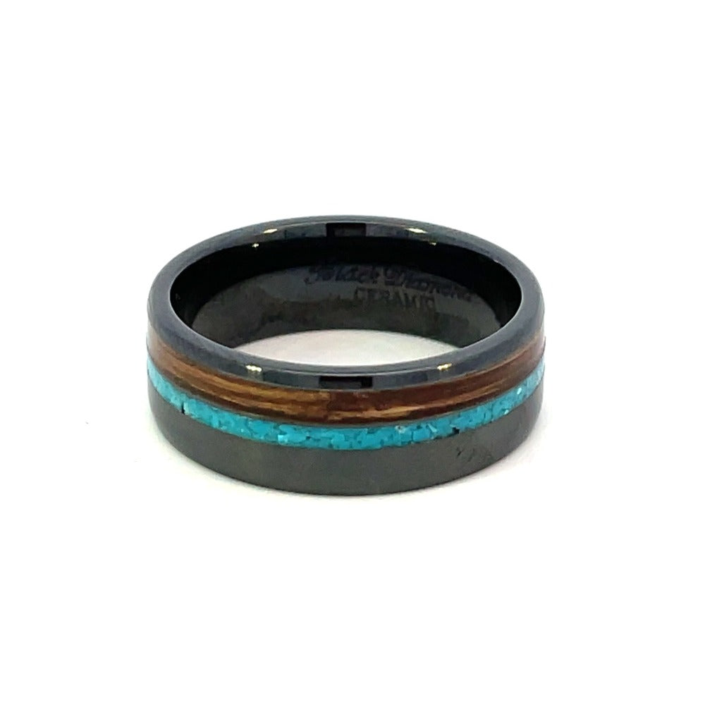 8mm Black Ceramic Band with Turquoise and Bourbon Barrel Inlay