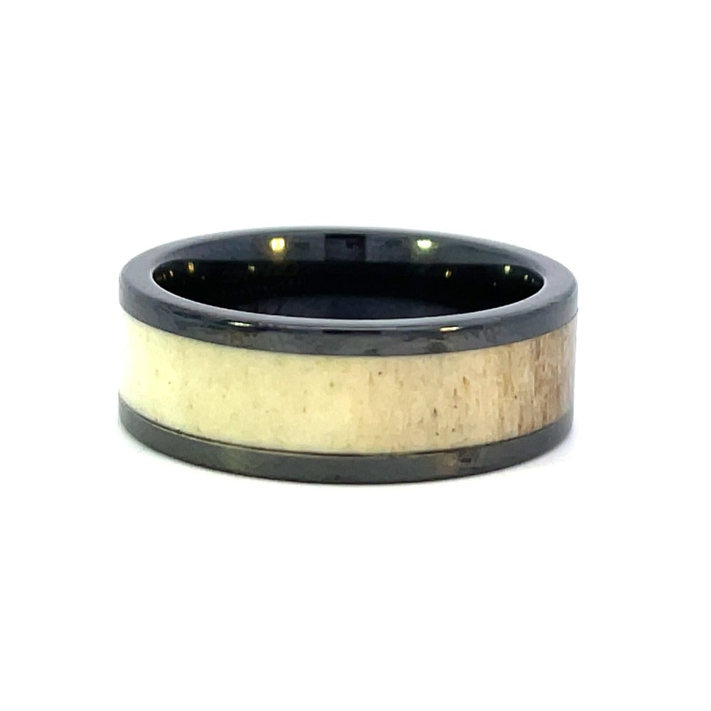 Men's 8mm Black Ceramic Band with Antler Inlay side 2