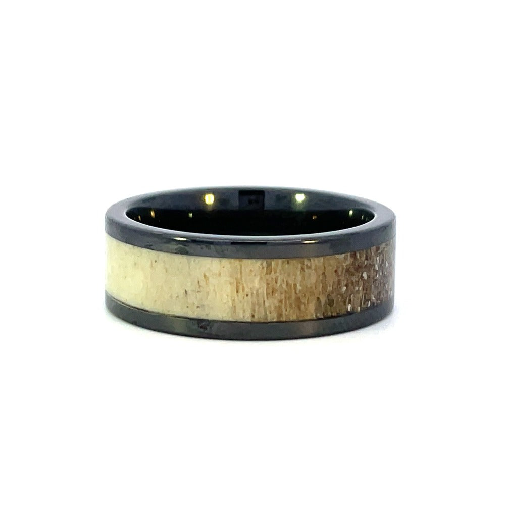 Men's 8mm Black Ceramic Band with Antler Inlay side 1