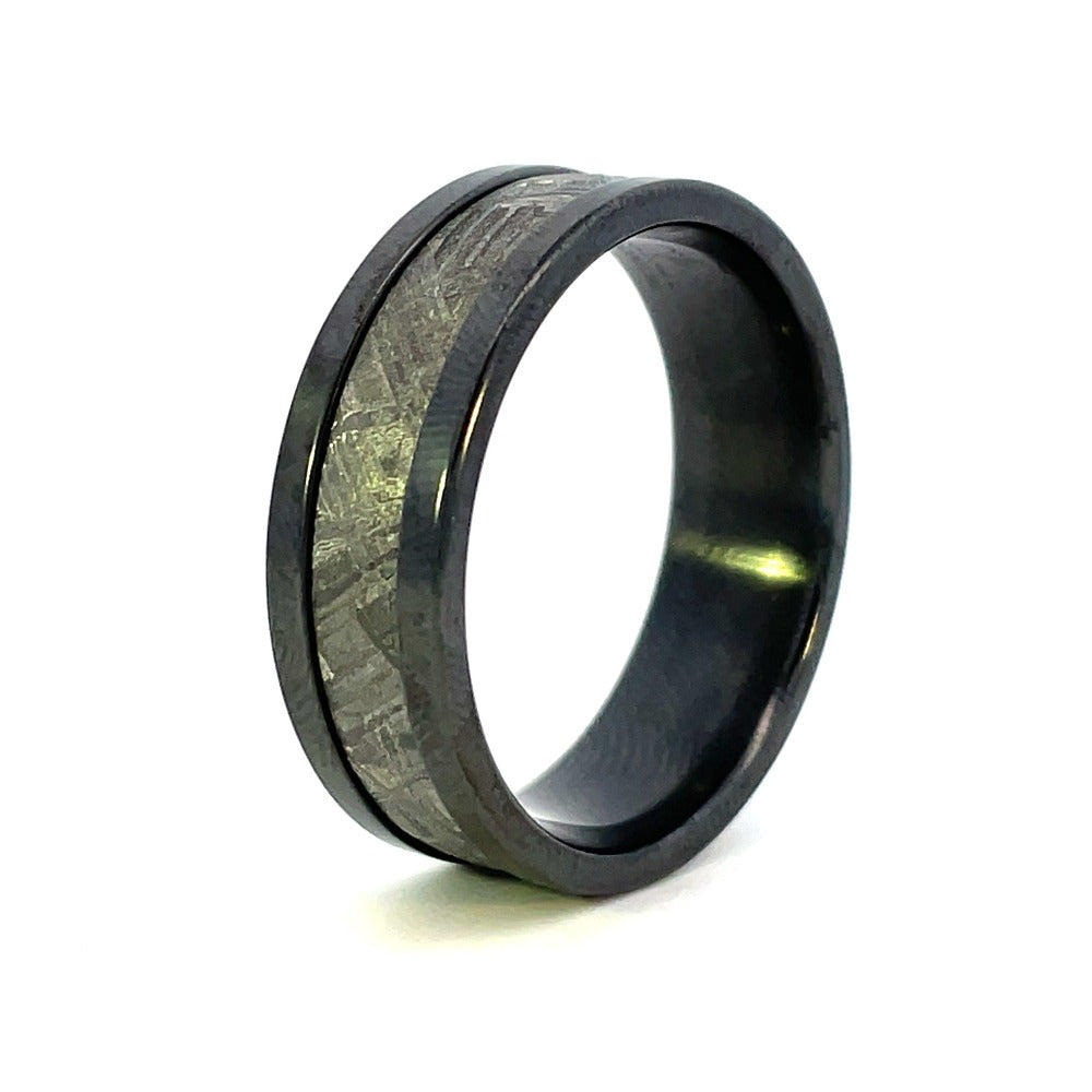 Men's 8mm Black Zirconium Ring with Meteorite Inlay side