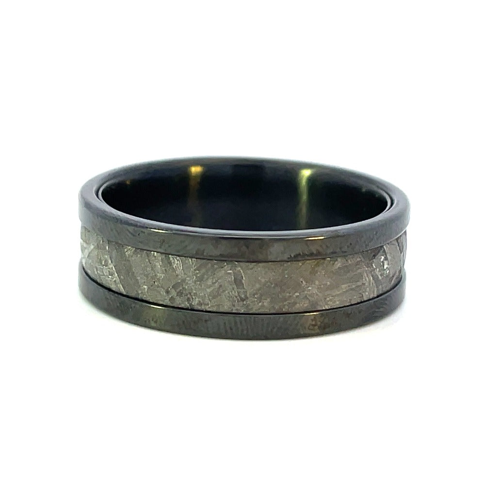 Men's 8mm Black Zirconium Ring with Meteorite Inlay side 2