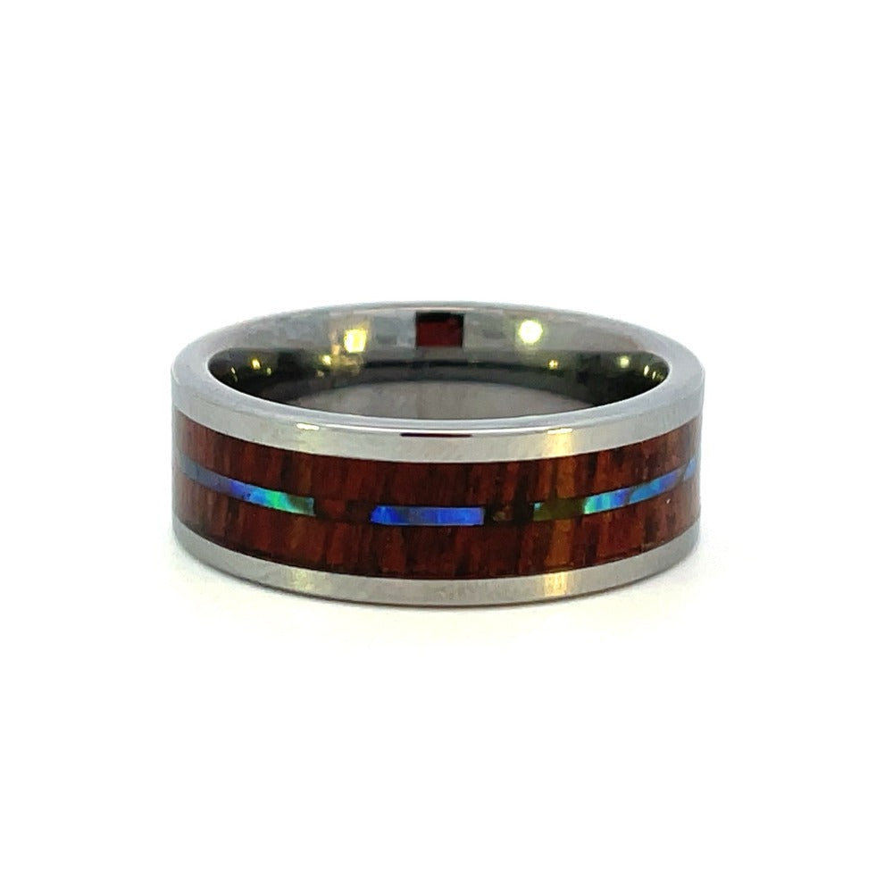 Men's 8mm Tungsten Band with Koa Wood and Abalone Inlay side 1