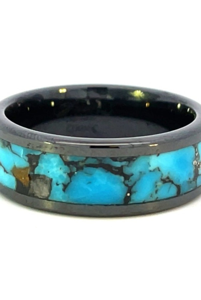 Men's 8mm Black Ceramic Band with Reconstituted Turquoise Inlay side 2