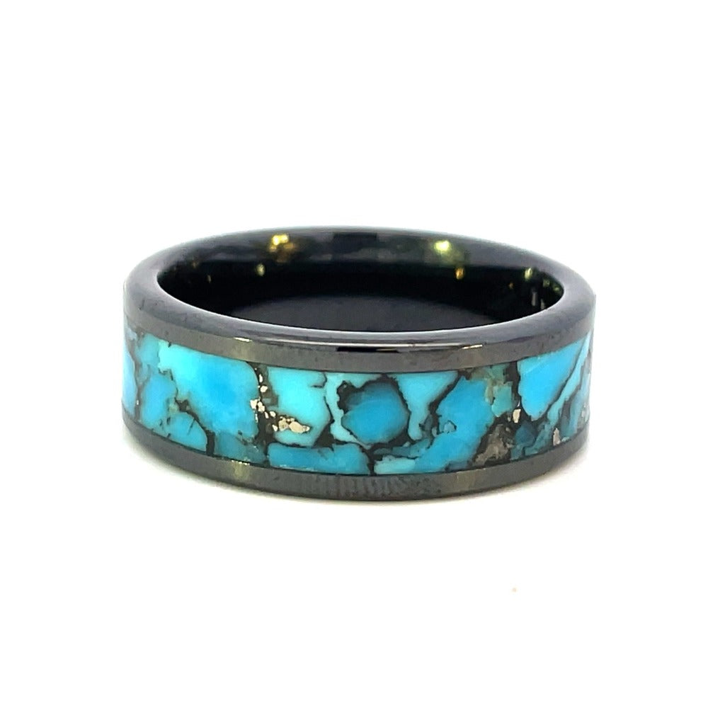 Men's 8mm Black Ceramic Band with Reconstituted Turquoise Inlay 3