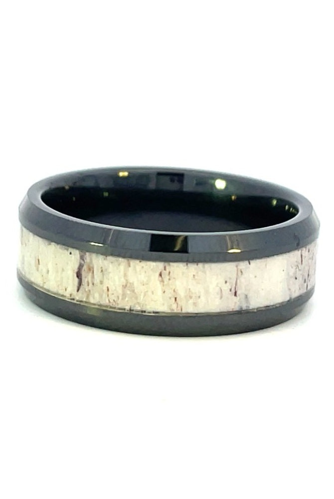 Men's 8mm Black Ceramic Band with Antler Inlay side 1
