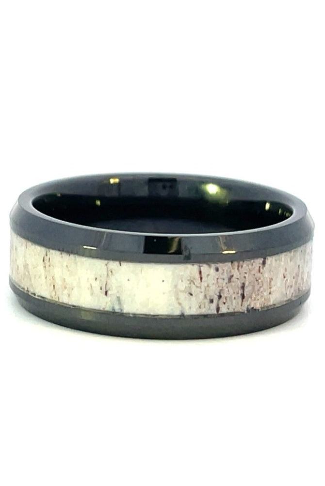 Men's 8mm Black Ceramic Band with Antler Inlay side 2