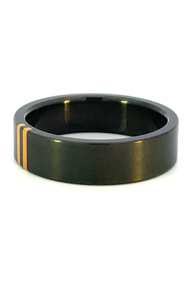 Men's 6mm Black Zirconium Band with Perpendicular Yellow Gold Inlay side 1